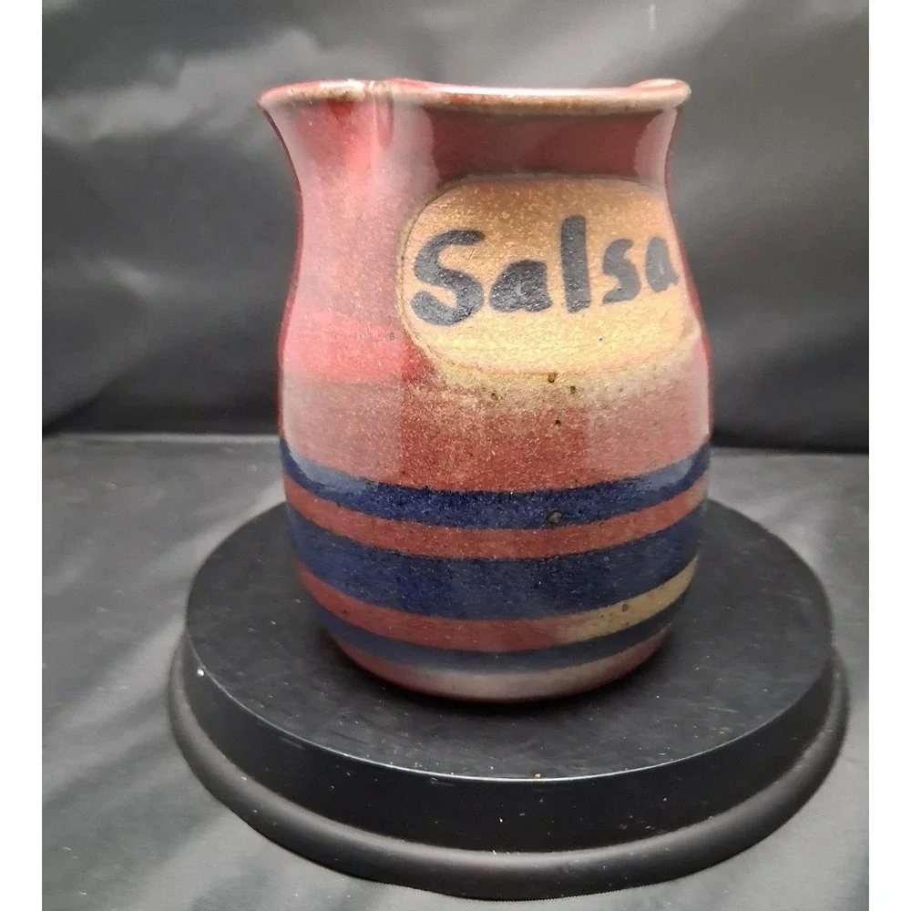 Zappa Signed Studio Pottery Salsa Pitcher Red Blue Striped Stoneware Jug